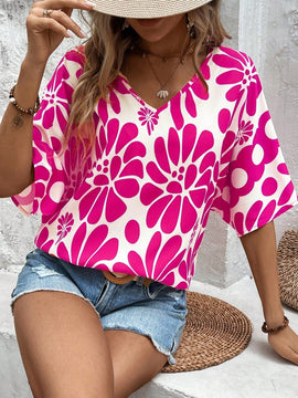 NEW  VCAY Camiseta femenina de estilo casual de vacaciones con estampado completo y cuello en V para el verano
