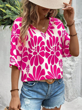 NEW  VCAY Camiseta femenina de estilo casual de vacaciones con estampado completo y cuello en V para el verano