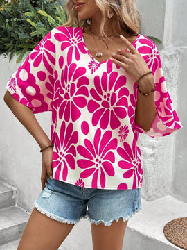 NEW  VCAY Camiseta femenina de estilo casual de vacaciones con estampado completo y cuello en V para el verano