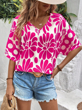 NEW  VCAY Camiseta femenina de estilo casual de vacaciones con estampado completo y cuello en V para el verano