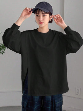 Camiseta holgada casual de manga larga con cuello redondo y hombros caidos para mujer de unicolor de primavera/verano