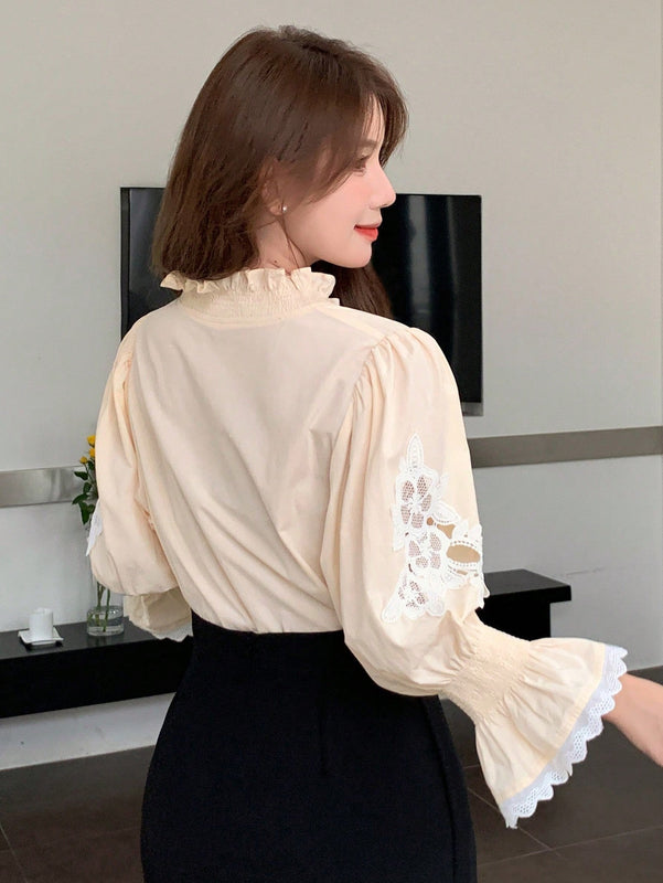 NEW DAZY Camisa de mujer contrastante con encaje y bordado floral con manga 3/4