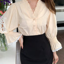 NEW DAZY Camisa de mujer contrastante con encaje y bordado floral con manga 3/4