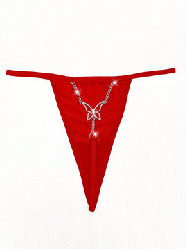 1 pieza Tanga sexy con adorno de mariposa de unicolor y cadena de metal