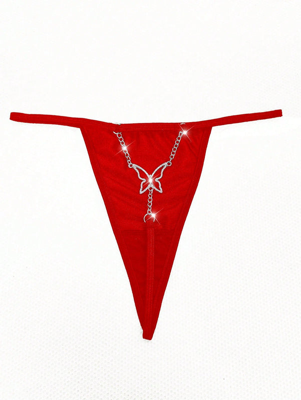1 pieza Tanga sexy con adorno de mariposa de unicolor y cadena de metal
