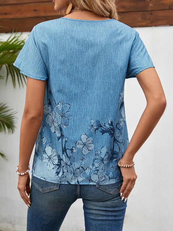 Camisa casual para mujer con mangas de hoja floral de loto, cuello redondo y pliegues