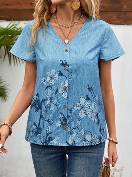 Camisa casual para mujer con mangas de hoja floral de loto, cuello redondo y pliegues