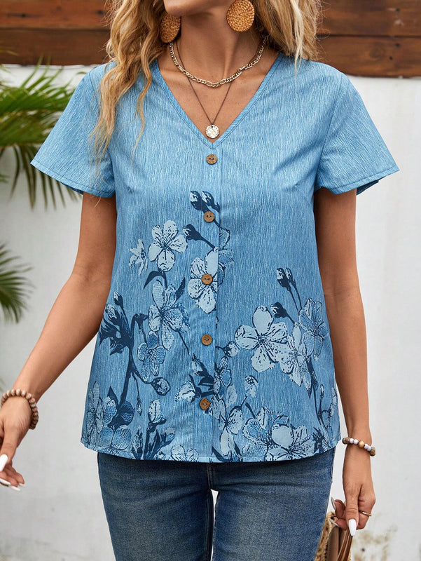 Camisa casual para mujer con mangas de hoja floral de loto, cuello redondo y pliegues