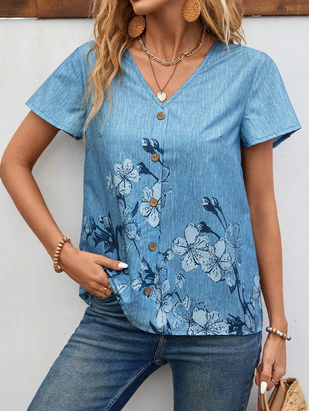 Camisa casual para mujer con mangas de hoja floral de loto, cuello redondo y pliegues