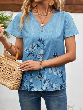Camisa casual para mujer con mangas de hoja floral de loto, cuello redondo y pliegues