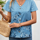 Camisa casual para mujer con mangas de hoja floral de loto, cuello redondo y pliegues