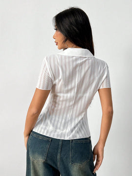 EZwear Camisa a rayas ajustada y recortada con elasticidad transparente