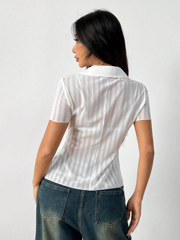 EZwear Camisa a rayas ajustada y recortada con elasticidad transparente