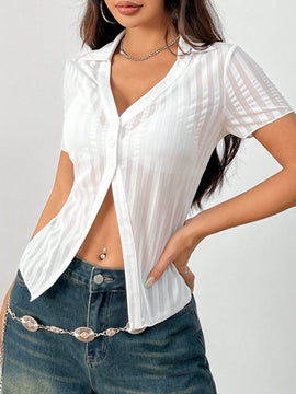 EZwear Camisa a rayas ajustada y recortada con elasticidad transparente