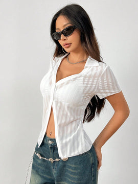 EZwear Camisa a rayas ajustada y recortada con elasticidad transparente