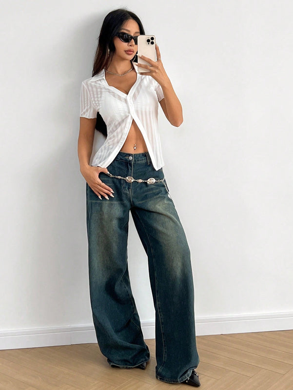 EZwear Camisa a rayas ajustada y recortada con elasticidad transparente