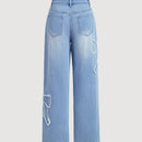 MOD Jeans amplios dulces y vintage de mujer con diseno de lazo y diseno de pausa para te, azul