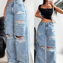 EZwear Jeans holgados a la moda para mujer, con detalles desgastados y lavado envejecido