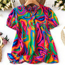 LUNE Camisa de manga abombada con estampado tie-dye para mujeres, ideal para vacaciones y tiempo de ocio