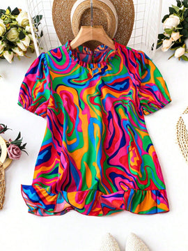 LUNE Camisa de manga abombada con estampado tie-dye para mujeres, ideal para vacaciones y tiempo de ocio