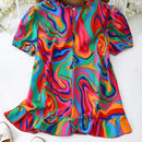 LUNE Camisa de manga abombada con estampado tie-dye para mujeres, ideal para vacaciones y tiempo de ocio