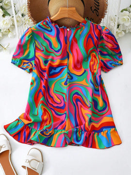 LUNE Camisa de manga abombada con estampado tie-dye para mujeres, ideal para vacaciones y tiempo de ocio