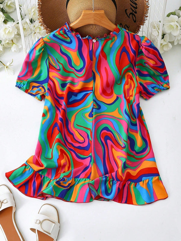 LUNE Camisa de manga abombada con estampado tie-dye para mujeres, ideal para vacaciones y tiempo de ocio