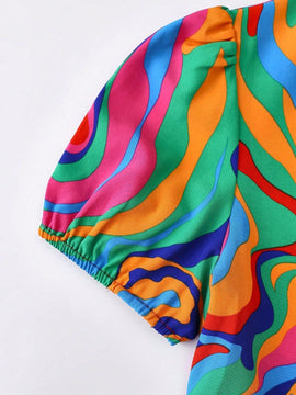 LUNE Camisa de manga abombada con estampado tie-dye para mujeres, ideal para vacaciones y tiempo de ocio