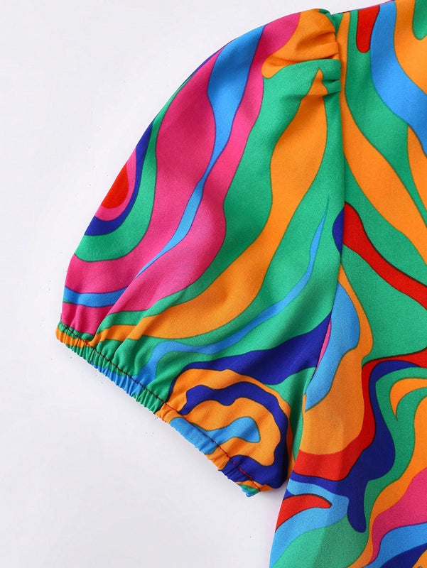 LUNE Camisa de manga abombada con estampado tie-dye para mujeres, ideal para vacaciones y tiempo de ocio