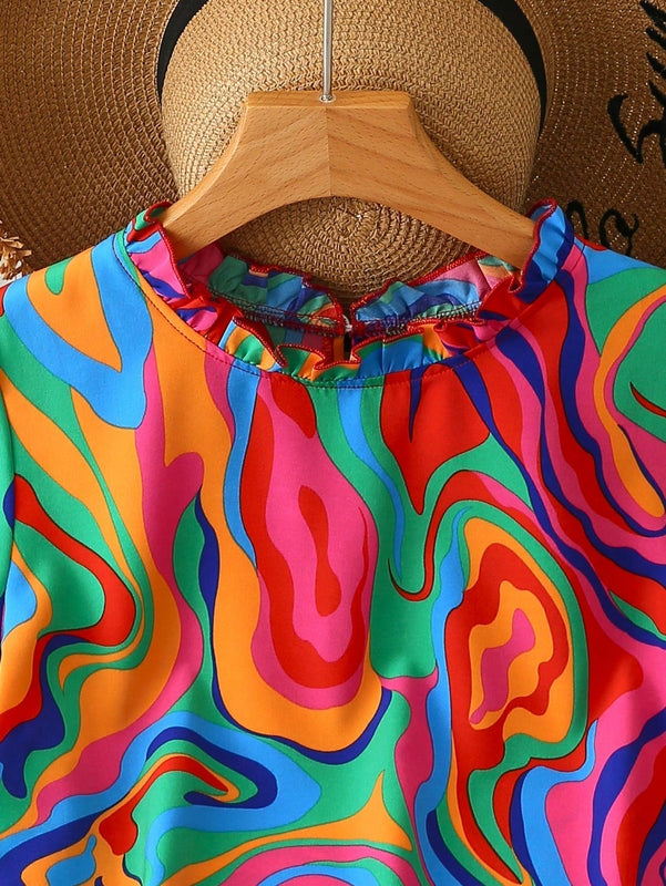 LUNE Camisa de manga abombada con estampado tie-dye para mujeres, ideal para vacaciones y tiempo de ocio