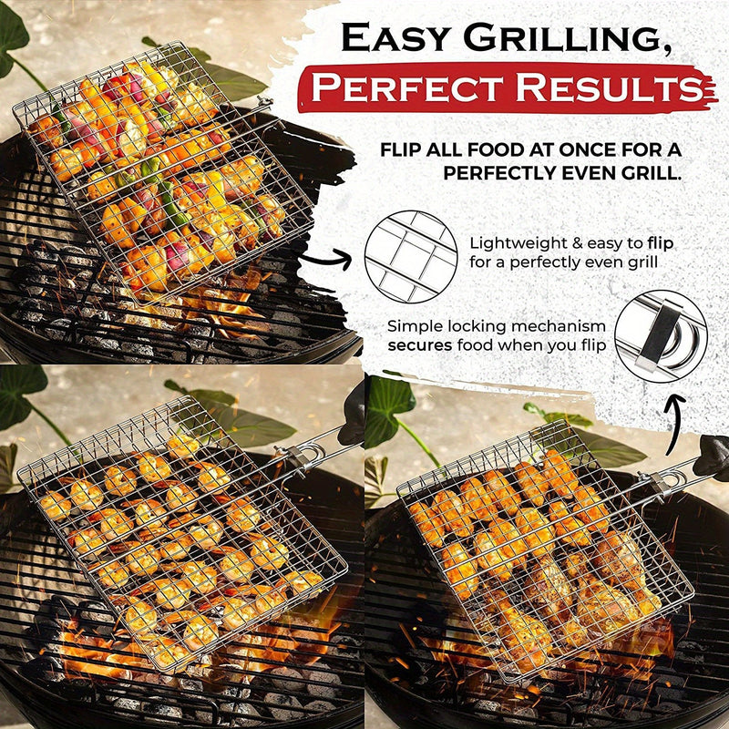 1-Pack Cesta para Parrilla de Acero al Carbono 38.1x81.28 cm - Resistente, Anticorrosiva y Gran Capacidad para Carne, Camarones, Verduras - Cocina al Aire Libre, Camping, Picnics - Mangos Ergonómicos y Distribución Uniforme del Calor