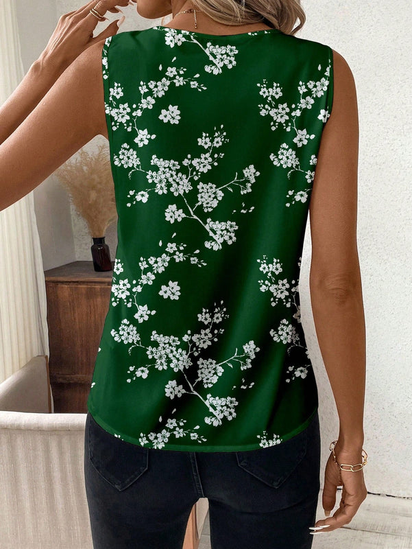 Clasi Camisa informal sin mangas para mujer con escote en V y estampado floral para vacaciones