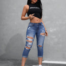 EZwear Jeans casuales ajustados para mujer con dobladillo enrollado, detalles desgastados y corte hasta el tobillo