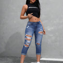 EZwear Jeans casuales ajustados para mujer con dobladillo enrollado, detalles desgastados y corte hasta el tobillo