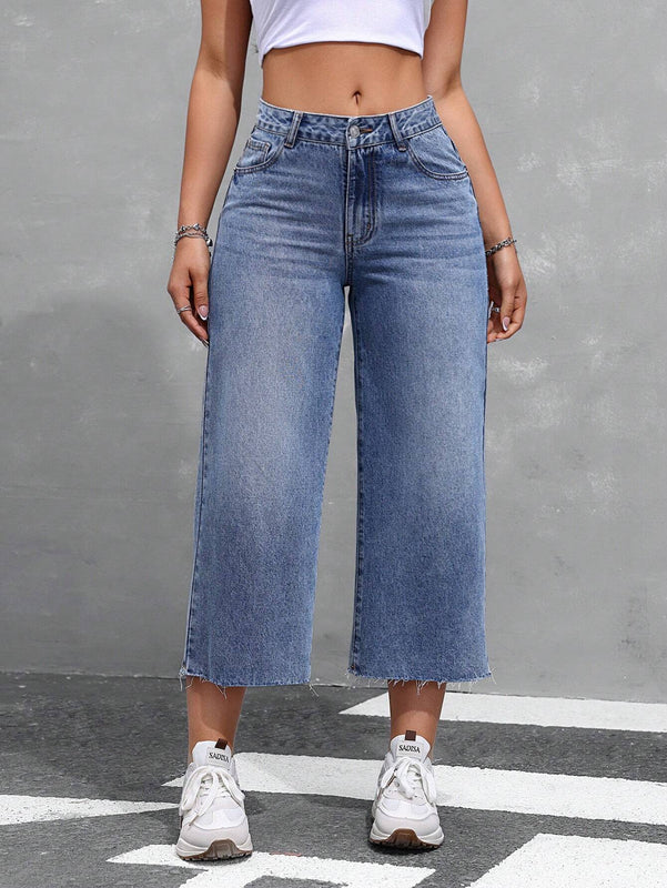 EZwear Jeans de mujer de pierna ancha y nueve puntos con bolsillos insertados y dobladillo deshilachado, corte holgado