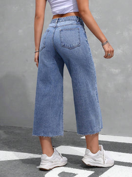 EZwear Jeans de mujer de pierna ancha y nueve puntos con bolsillos insertados y dobladillo deshilachado, corte holgado