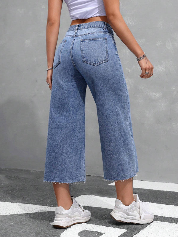 EZwear Jeans de mujer de pierna ancha y nueve puntos con bolsillos insertados y dobladillo deshilachado, corte holgado