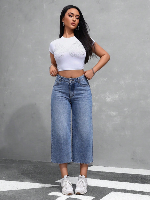 EZwear Jeans de mujer de pierna ancha y nueve puntos con bolsillos insertados y dobladillo deshilachado, corte holgado