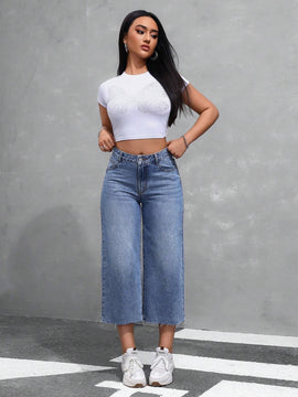 EZwear Jeans de mujer de pierna ancha y nueve puntos con bolsillos insertados y dobladillo deshilachado, corte holgado