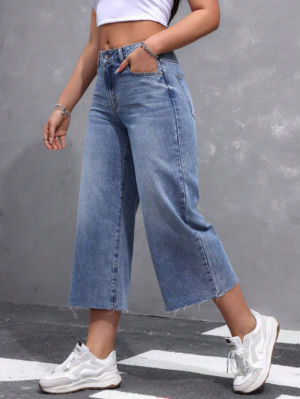 EZwear Jeans de mujer de pierna ancha y nueve puntos con bolsillos insertados y dobladillo deshilachado, corte holgado