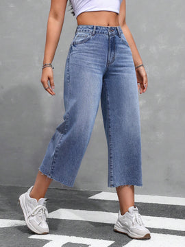 EZwear Jeans de mujer de pierna ancha y nueve puntos con bolsillos insertados y dobladillo deshilachado, corte holgado