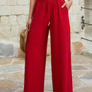 Mujeres pantalones rojos palazzo de pierna ancha con cintura elastica 339