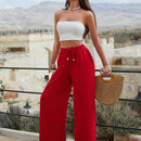 Mujeres pantalones rojos palazzo de pierna ancha con cintura elastica 339