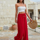Mujeres pantalones rojos palazzo de pierna ancha con cintura elastica 339