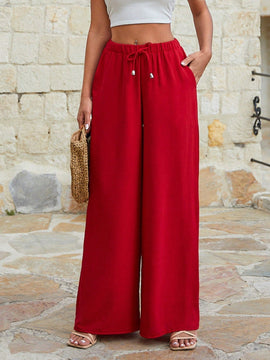 Mujeres pantalones rojos palazzo de pierna ancha con cintura elastica 339