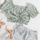 WYWH Camisa de manga corta con cordon y mangas abullonadas de diseno plisado suelto para mujer de moda