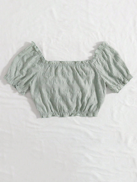 WYWH Camisa de manga corta con cordon y mangas abullonadas de diseno plisado suelto para mujer de moda