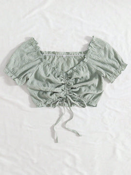 WYWH Camisa de manga corta con cordon y mangas abullonadas de diseno plisado suelto para mujer de moda