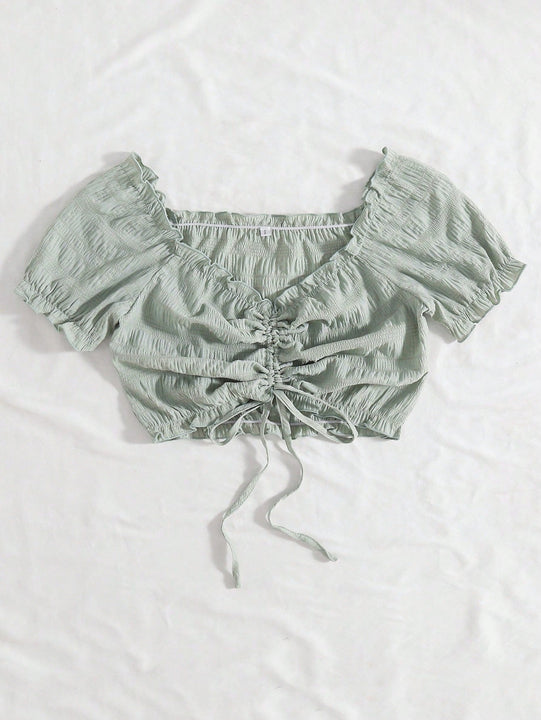 WYWH Camisa de manga corta con cordon y mangas abullonadas de diseno plisado suelto para mujer de moda