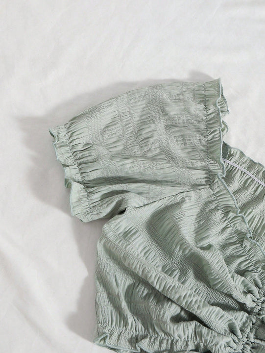 WYWH Camisa de manga corta con cordon y mangas abullonadas de diseno plisado suelto para mujer de moda